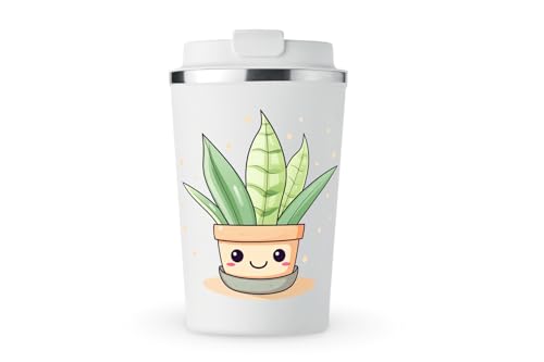 MAXIKIWI - Taza aislada de acero inoxidable de doble pared, a prueba de fugas, vaso de viaje para café o té con tapa, mantiene las bebidas calientes y frías, planta kawaii en maceta, 350 ml
