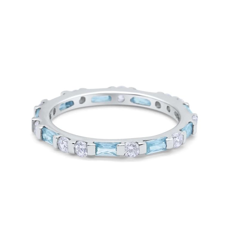 925 Sterling Silver Baguette Shape Natural Sky Blue Topaz Gemstone Eternity Band Silver Ring For Women