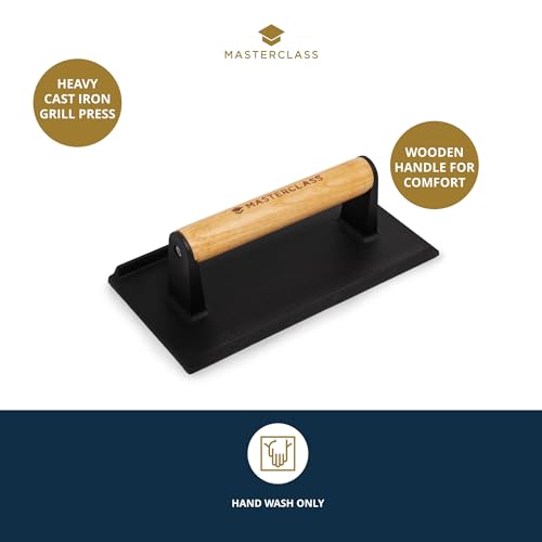 MasterClass Cast Iron Grill Press, Heavy-Duty Steak Weight with Wooden Handle, Burger Press, Accessory for Grill Pan and BBQ, 21cm, Black