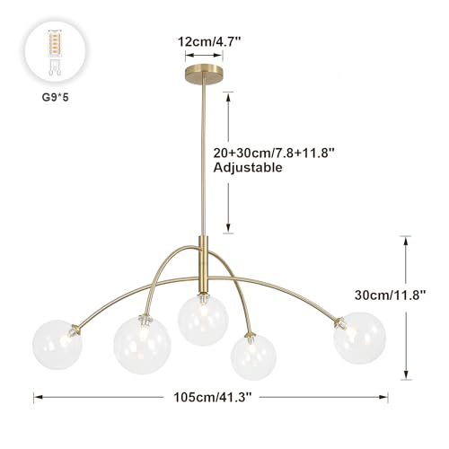 Image of 5 Light Modern Brass Chandelier Fixture White Clear Globe Glass Shade Pendant Light Gold Kitchen Ceiling Large Chandelier for Dining Room Kitchen Bedroom