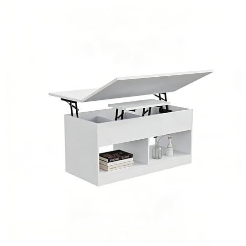 SHOWHA Mesa de café, mesa de salón ajustable en altura, mesa de café con placa elevadora, 2 compartimentos abiertos y almacenamiento oculto, mesa auxiliar rectangular para sofá, puede convertirse en