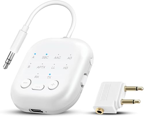 Bluetooth Transmitter & Receiver, Supports 2 Headphones Dual Connection, aptX-Low Latency Bluetooth Adapter, 3.5mm Aux Jack Audio Transmitter for TV/Plane/Travel/Gym/Car, White