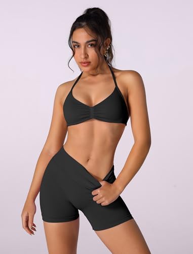 Image of ABOCIW Womens Seamless Workout Sets 2 Piece Strappy Halter Sports Bra Scrunch Butt Shorts Gym Yoga Outfits