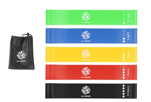 ALL SEASONS Fitnessbänder Set – Widerstandsbänder 5er Pack, 5 Stärken, latexfrei (PTE), inkl. Tragetasche – Gymnastikband für Muskelaufbau, Yoga & Pilates (Grün-Blau-Gelb-Rot-Schwarz)