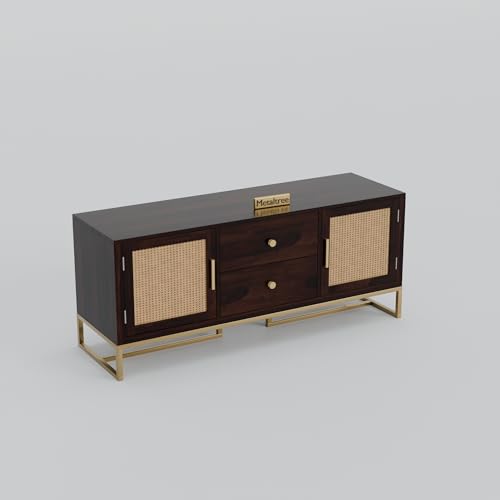Image of Sheesham Wood Wooden tv Unit for Living Room 55 inch TV Furniture - Entertainment Unit Solid Wood tv Table for Living Room 55 inch TV Console with 2 Drawers, 4 Shelves & Ratan Door