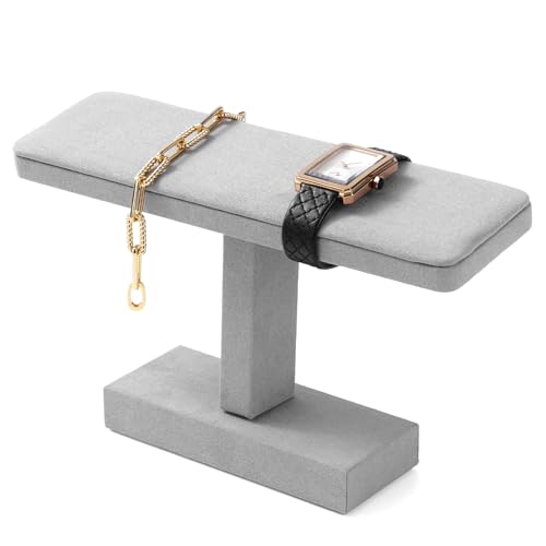 Microfiber T-bar Bracelet Watch Stand Jewelry Bracelet Watch Holder Necklace Bangle Organizer Holder Jewelry Stand,Solid Wood Interior(Grey)