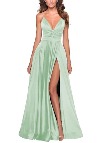Image of Tvuyet Satin Bridesmaid Dresses with Slit Pleated A Line Spaghetti Straps Formal Prom Evening Gowns