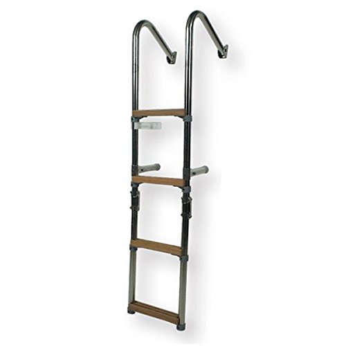 CEREDI Edelstahl Heck-Badeleiter mit Holzstufen, klappbar, Größe:4 Stufen Cover