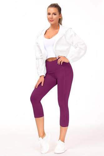 Image of THE GYM PEOPLE Thick High Waist Capris Yoga Pants with Pockets, Tummy Control Workout Running Yoga Leggings for Women