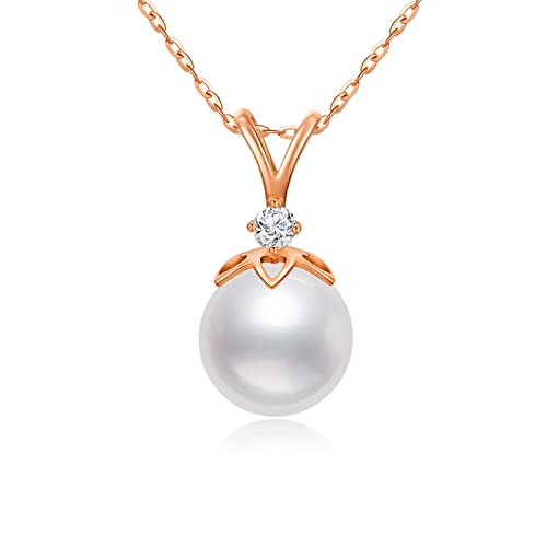 14K Gold Pearl Necklace for Women, 9mm White Freshwater Cultured Pearl Love Heart Pendant Necklace Jewelry Anniversary Present for Women, Girls 16+2 Inch