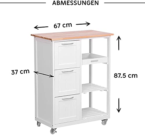 Foto von Küchenwagen mit Rollen - 67x37x87,5 cm Arbeitsplatte und Rahmen aus Holz, 3 Schubladen, 2 Ebenen und Serviertablett, Weiß - Küchentrolley, Servierwagen, Küchenschrank, Rollwagen im Landhausstil