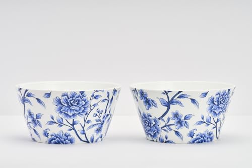 Image of GOLDEN QUEEN'S Bowls Set of 2 | Ideal for Snacks, Noodles, Ramen, Salad, Cereals, Rice | Microwave Safe | Handcrafted - Sapphire Bloom, 500 ml