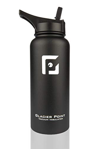 Glacier Point Vacuum Insulated Stainless Steel Water Bottle (18oz / 32oz) Wide Mouth with Bonus Sports Lid | Double Walled Construction | Premium Powder Coating | Zero Condensation! (Black, 32 OZ)