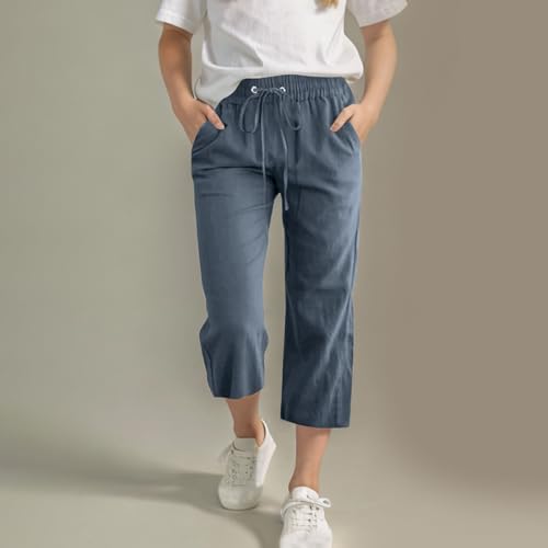 Capri Pants for Girls Summer Baggy Comfy Cotton Linen Straight Wide Leg Solid Elastic Waist Drawstring Cropped Capris2