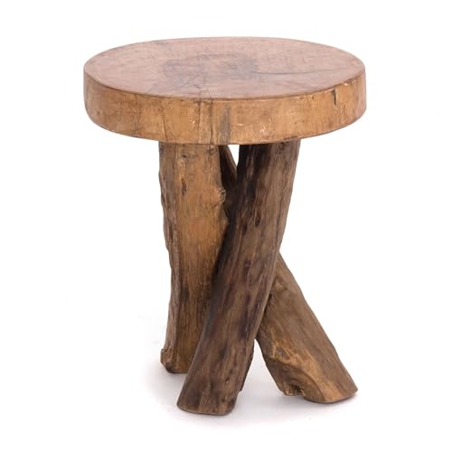 Rustikaler HOLZTISCH TEAK 40 mit Gestell aus Holz Stämmen| 41x34cm (HxØ),...