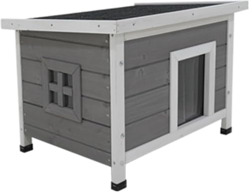 Tcrciuk 猫 ハウス 屋外 猫の家 キャットハウス 猫舎 木製ゲージ雨を防ぎ暖かさを保つ透明ドアカーテン屋外用シェルター 屋外用野良猫用シェルター 冬防風防寒 小型犬 木製 野良動物 (グレー,57*45*43cm)