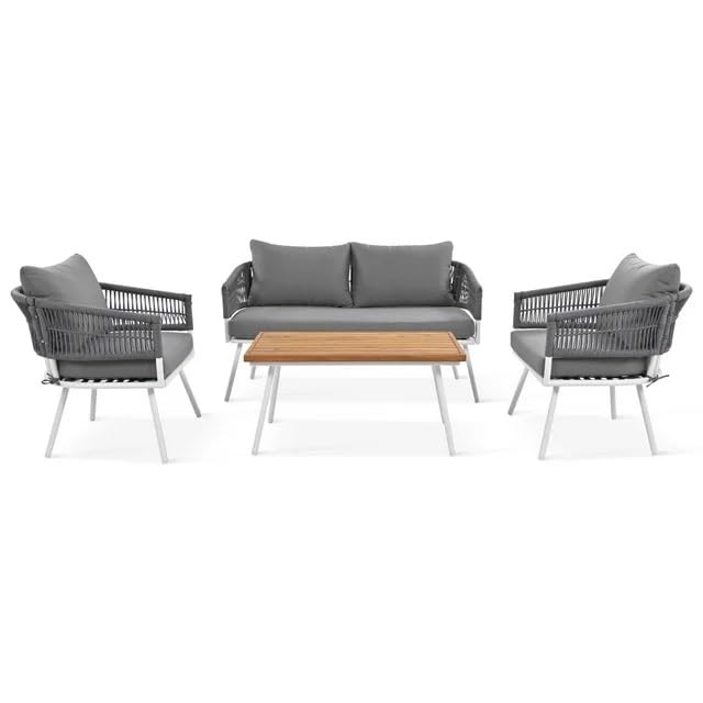 Image of 4 Outdoor Sofa Garden Balcony Sofa Patio Conversation Sofa Set with Coffee Table Wood Top for Living Room Lown Pool Rope Outdoor Chair Set-with-Wood-Table-for-Backyard(Grey)