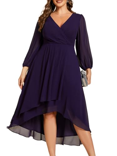 Ever-Pretty Women's A Line V Neck Chiffon Midi Plus Size Semi Formal Wedding Guest Dresses with Sleeves 01926-DA