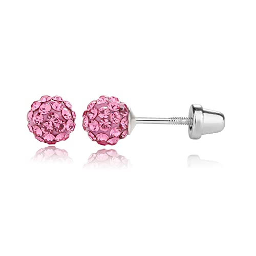 Cherished Moments Sterling Silver Simulated October Birthstone Pink Pave Ball Screw-Back Earrings for Little Girls and Kids