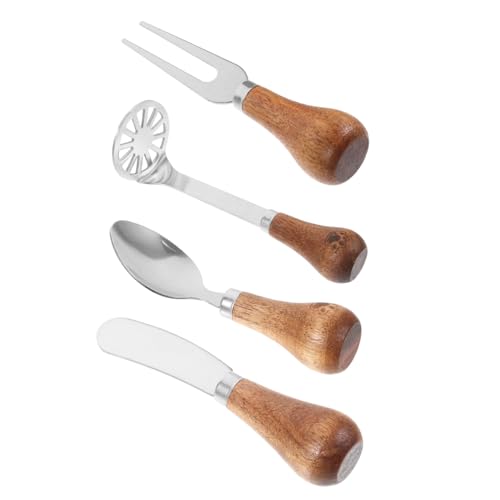 BEBEMOKO 4pc Cheese Knife Set Stainless Steel Cheese Tools Wood Handle Spatula Fork Spoon for Cutting Board