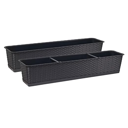 Tymar Blumenkasten mit Untersetzer, 2 Stück,Rattan, Balkonkasten, Pflanzkasten aus Kunststoff, Garten, Balkon, Terrasse((2pack) Anthrazit, 80cm)
