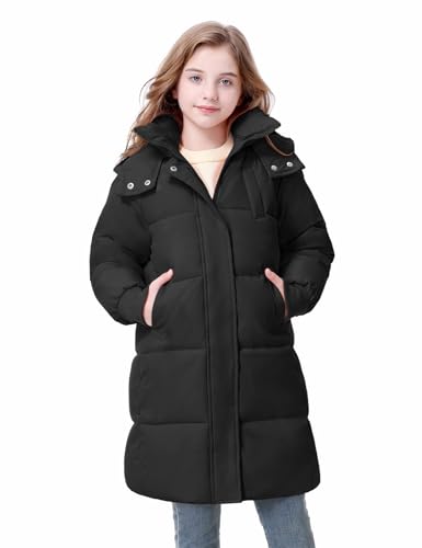 Image of Wiepux Girls Winter Down Coat Warm Long Puffer Jacket with Hood 6-13Years Over-the-Knee Parka Windproof Water-Repellent Outerwear(Black,8-9Y)