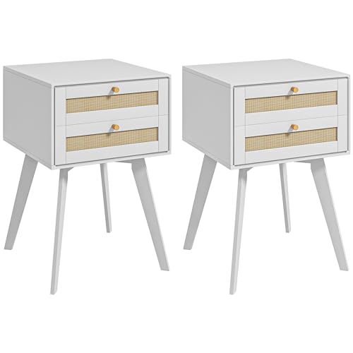 {Mesitas de Noche Originales Haya Mesitas de Noche Vintage HOMCOM – Juego de 2 mesitas de noche, mesas auxiliares, 2 cajones con fachadas de ratán tejido, estilo bohemio, mesitas de...