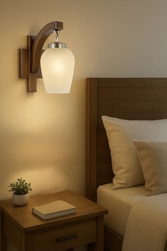 Image of BENE Birch Wooden Indoor Modern Wall Lamp, E-27 Base Wall Light for Home Decor, Kitchen, Living Room, Bedroom, 12 cm (Light Brown, Pack of 1)