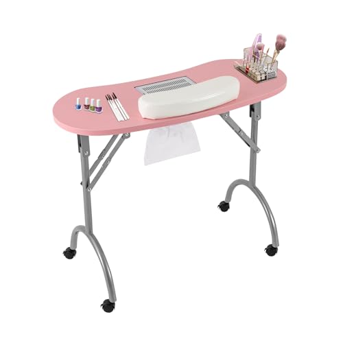 JDBDU Table de manucure avec aspiration - Portable - Pliable - 90 x 40 x 72 cm - Avec sac à poussière et roulettes - Rose