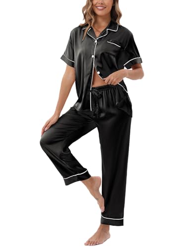 UMBY Silk Satin Pajamas for Women Set 2 Piece button down Soft Silk Pjs Sets Cozy Silky Pajama Short Sleeve