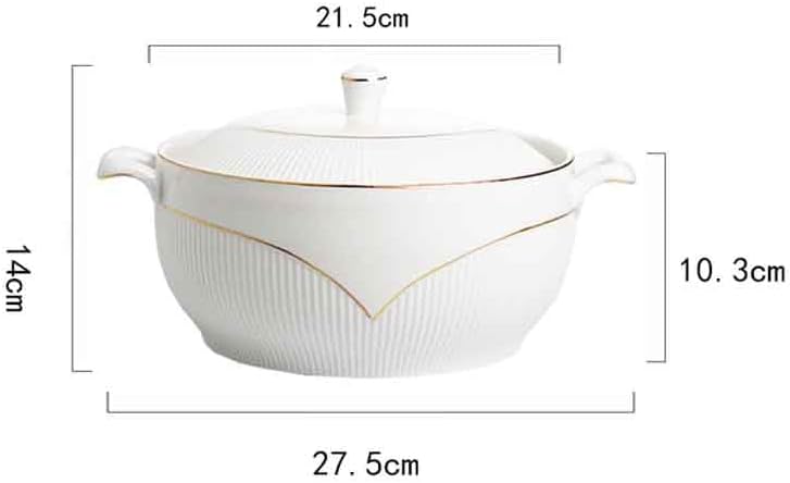 Ceramic Soup Tureen with Glass Lid，White Soup Tureen with Gold Design,Double Handle Soup Serving Bowl with Lid and Ladle