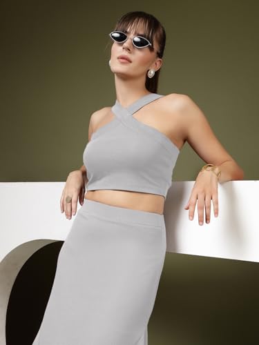 Image of OOMPH! Women Stretchable Relaxed Fit Crop Top With Stylised Shoulder Straps