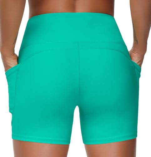 Image of THE GYM PEOPLE High Waist Yoga Shorts for Women's Tummy Control Fitness Athletic Workout Running Shorts with Deep Pockets
