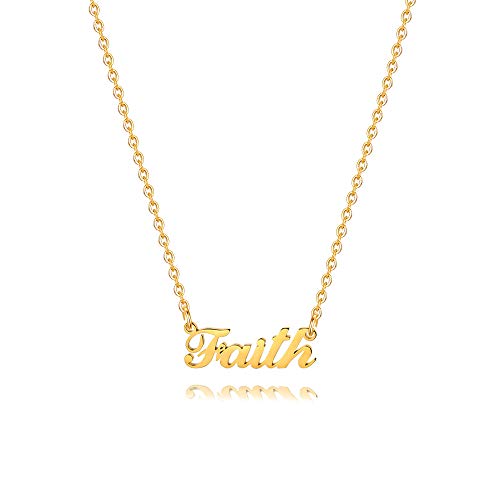 M MOOHAM Gold Faith Name Necklace - 18K Gold Filled Custom Name Necklace Personalized Name Necklaces for Women Girls Kids, Monogram Plate Name Necklace Name Jewelry