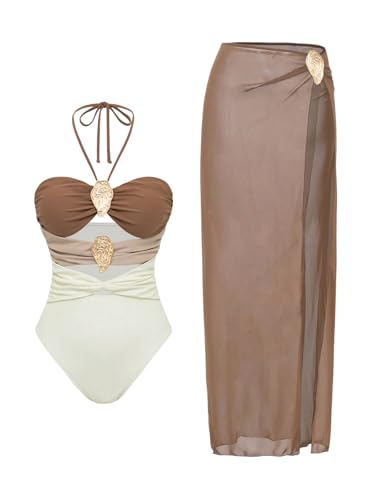 SOLY HUX Women's One Piece Swimsuit Metal Decor Cut Out Halter Bathing Suit with Mesh Maxi Cover Up Skirt