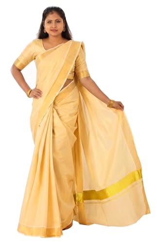Image of Kerala Traditional Tissue Saree for Women with Running Blouse | South Indian Ethnic Saree for Weddings Onam Vishu Temple Wear & Festivals