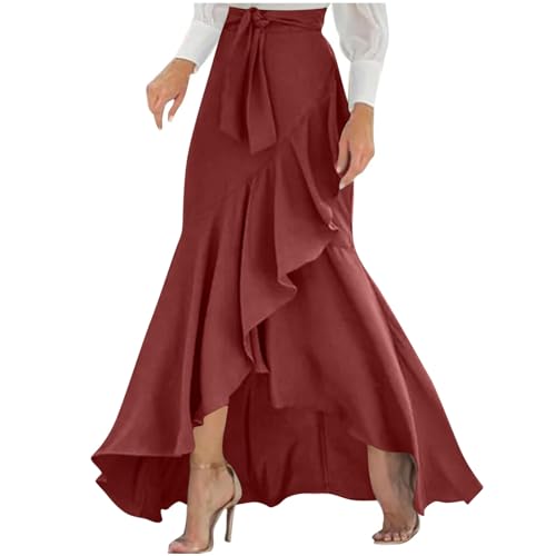 JOAU Women's Tie Waist Wrap Maxi Skirts Elegant Adjustable High Waist Irregular Ruffle Hem Flowy A-Line Long Skirt