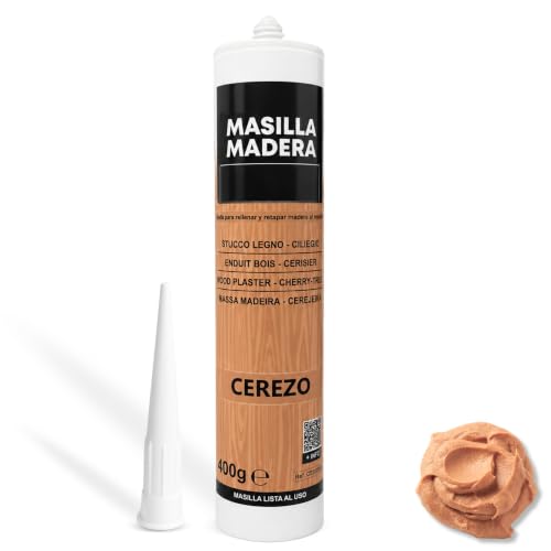 Masilla Madera Cerezo, Ideal para rellenar y y reparar madera al interior, Masilla lista al uso, Rellenadora de agujeros, Formato cartucho para pistola, Color Cerezo, Contiene 400 gramos