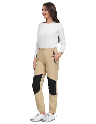 PASUDA Damen Wanderhose Wasserdicht Skihose Softshellhose Thermohose Fleece Gefüttert Winter Hosen Schneehose Winddicht Warm Arbeitshose Trekkinghose Langlaufhose Knie-Reibungsschutz (Khaki, L)