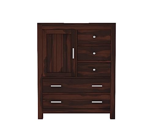Image of Solid Sheesham Wood Wooden Sideboard Storage Cabinet & Chest of Drawer : Ideal for Living Room and Bedroom with 5 Drawers and 1-Shelf Storage (Avalon, Walnut Finish)