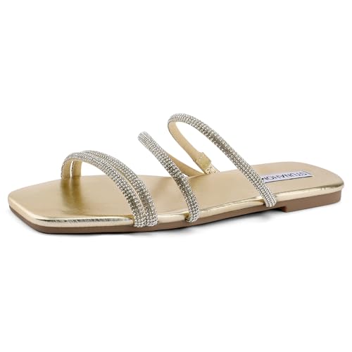 Image of STUNAHOME Women's Rhinestone Thong Flat Sandals Open Toe Slide Sandals with Square Toe Bling Strap