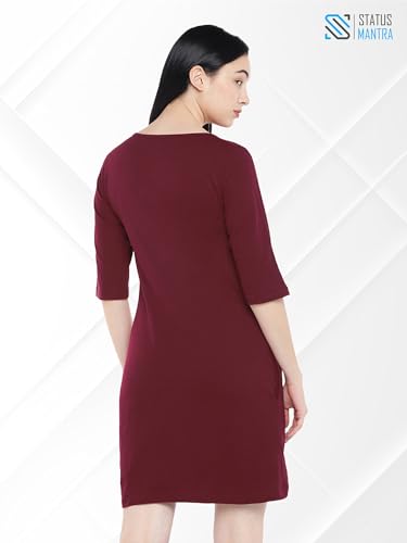 Image of STATUS MANTRA Women's Long T-Shirt Dress - Cotton Casual Knee Length Dress with 3 /4 Sleeves | Soft Bio-Washed Fabric, Crew Neck, Relaxed Fit | Comfy Summer Lounge Wear