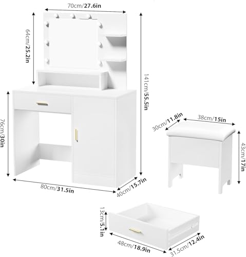 Garvee Vanity Desk with Mirror and Light Bulbs, Makeup Table with Open Shelves and Drawers, Dressing Table Set with Upholstered Stool and Cabinet for Women, Bedroom, Dressing Room, White