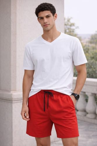 Image of Men's Solid Cotton Lounge Shorts | Premium Soft Breathable Casual Shorts with Elastic Drawstring Waist | Regular Fit Above Knee for Home, Gym & Travel