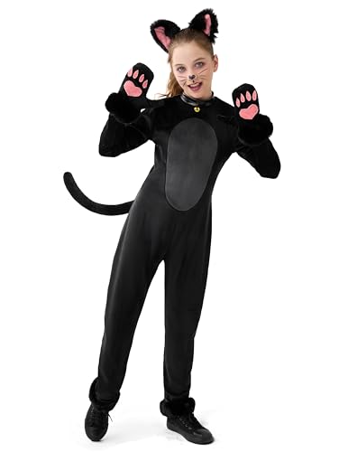 Spooktacular Creations Disfarce de gato preto para meninas, fantasia de gato preto de pelúcia, fantasia de Halloween de gato preto para meninas, Halloween, cosplay, festa, dramatização (pequeno (5-7