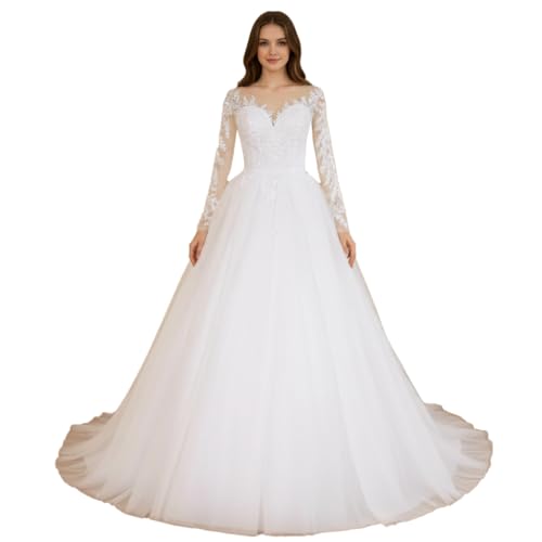 Elegant A line Wedding Dress Long Sleeve Lace Applique Bride Dress lace up  with Long Train AL-VL-240112 (US, Numeric, 2, Regular, Regular, Ivory) at  Amazon Women's Clothing store