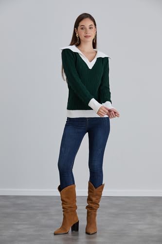 Image of Sweaters for Women Fashion Long Sleeve Lapel Collar V Neck Casual Knit Color Block Pullover Sweater