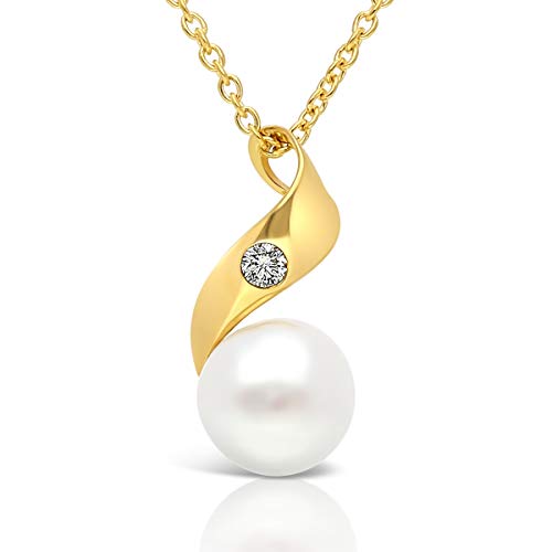 Collier en Or Jaune 9 carats perle de culture et diamant véritable femme