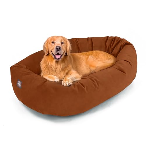 Image of Majestic Pet Suede Shredded Memory Foam Mix Calming Dog Bed Washable - Cozy Soft Round Dog Bed with Spine for Head Support - Fluffy Donut Dog Bed, 40 Inch, Rust