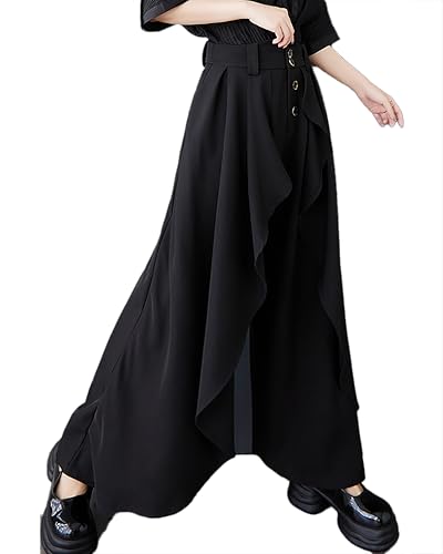 ellazhu Women's Pants Wide Leg Pocket High Waist Button Pocket Asymmetrical Irregular Hem GZ4682